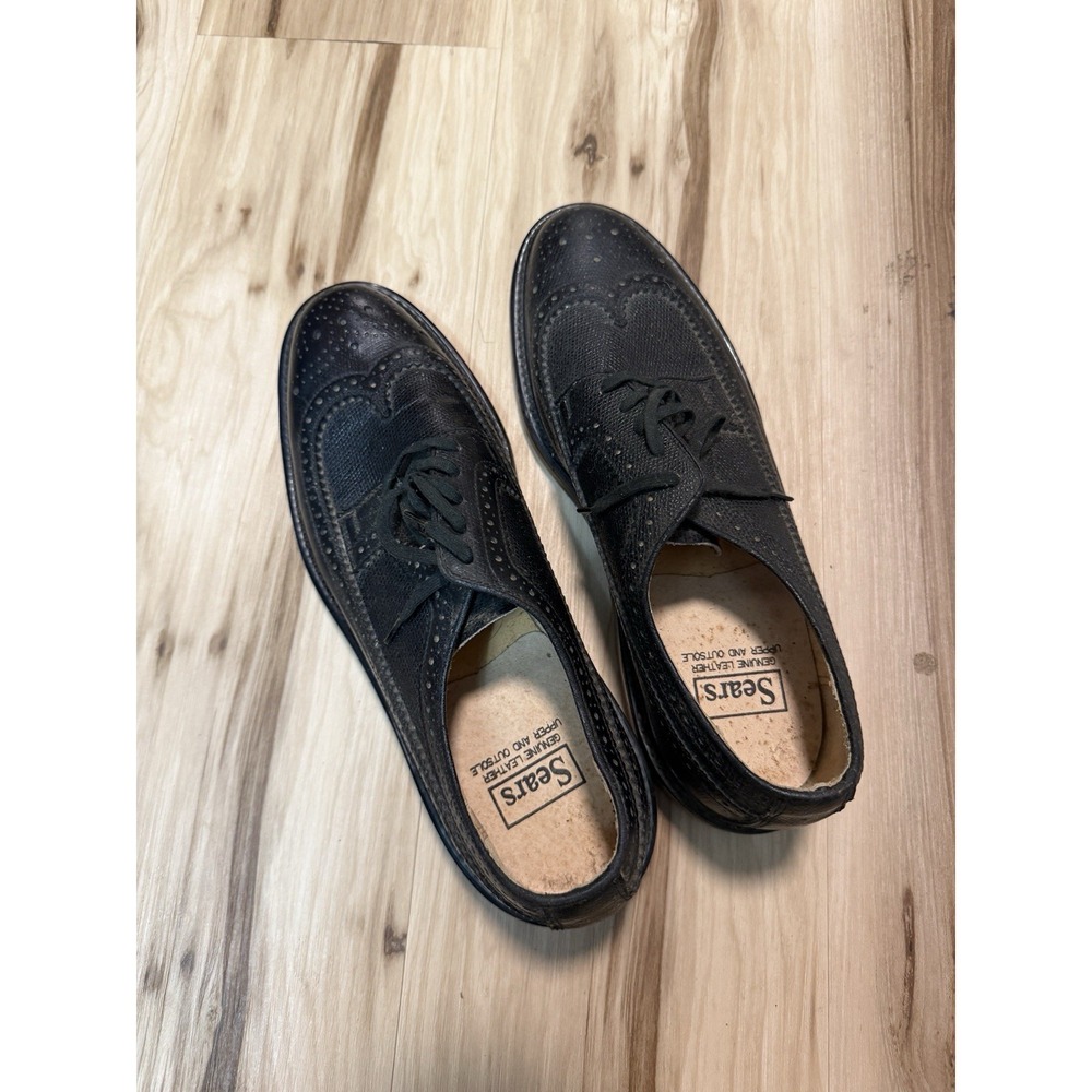 Vintage SEARS Black Wing Tips Long Wings Oxford Shoes Size 9D
